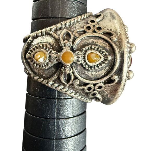 Lucky Brand Statement Ring Size 7 Silver Tone Faux Stones Intricate Design - Picture 9 of 13